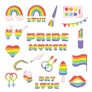 LGBTQ flat set collection. Pride month stickers, LGBTQ plus related symbols set Stock Illustration