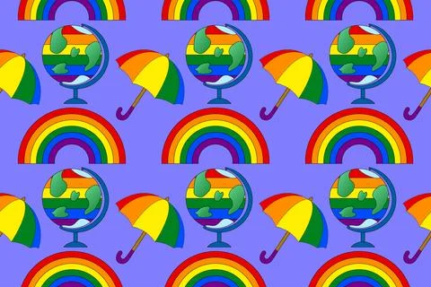 LGBTQ plus Pride Globe with Rainbow Umbrellas and Arcs Stock Illustration