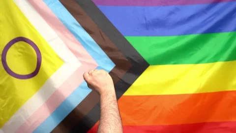 Lgbtq+ pride 2024 protest concept. Fist raised by new lgbt flag Stock Footage 274500546