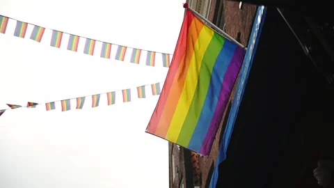 LGBTQ pride flag during pride month of June, blowing in wind in slow motion Stock Footage 196848930
