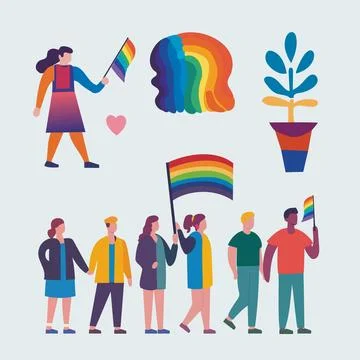 LGBTQ Pride Parade Set. Vector illustration of a gay pride parade. A group of Stock Illustration