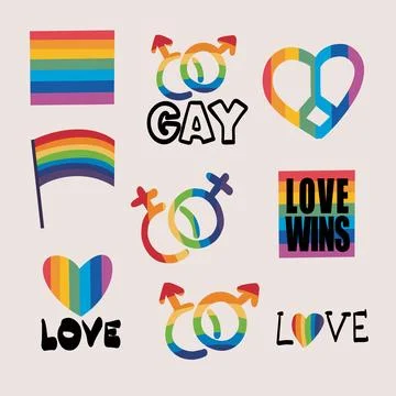 LGBTQ Pride Parade Set. Vector illustration of a gay pride parade. A group of 스톡 일러스트