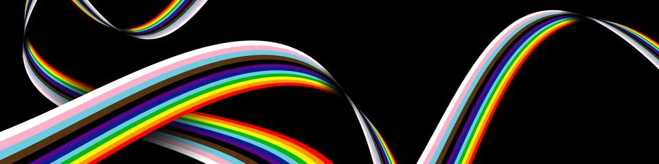 LGBTQ+ Progress Pride rainbow waves on black background wide banner. Vector Stock Illustration