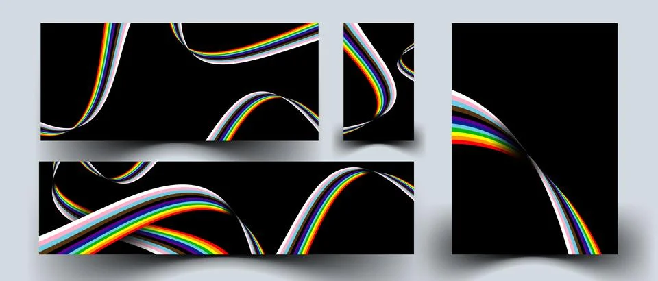LGBTQ+ Progress Pride rainbow waves black background set. Vector EPS10 Stock Illustration