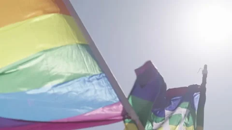 LGBTQ rainbow flags with a star of david waving in slow motion against the sun Stock Footage 197084647