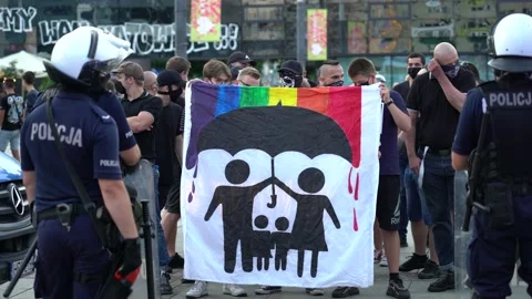 LGBTQ+ struggle for equality.  Group of men fighting against LGBT. Stock Footage 137329248