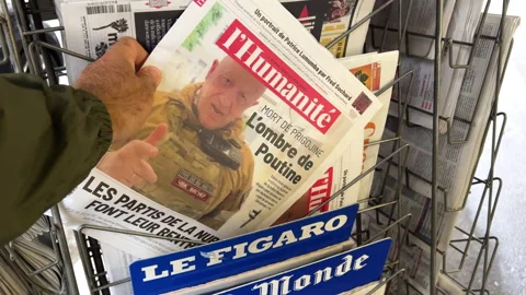 L'Humanit Newspaper with "Prigozhin is Dead" Headline Stock Footage 264322533