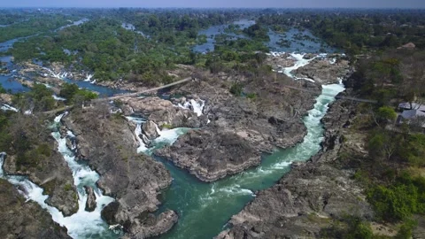 Li Phi Falls Mekong River Aerial Si Phan Don Laos 4K Video stock 327139774