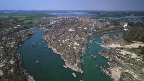 Li Phi Falls Mekong River Aerial Si Phan Don Laos 4K Video stock 327139812
