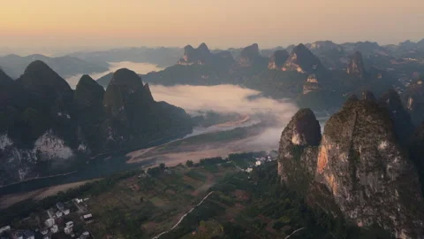 Li River and Yangshuo Karst Mountains Sunrise Aerial View, Guilin, China Stock Footage 328897053