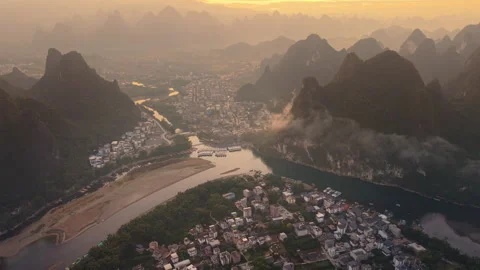 Li River and Yangshuo Karst Mountains Sunrise Aerial View, Guilin, China Stock Footage 328897183