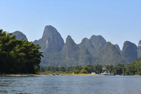 The Li River with a backdrop of karst mountains in Xingping, China 写真素材