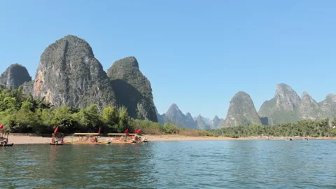 Li River Bamboo Rafting View, Yangshuo Guilin China | Scenic Karst Mountains Stock Footage 327353020