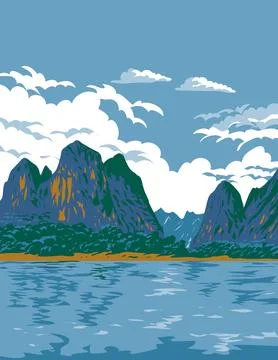 Li River or Li Jiang in Northwestern Guangxi China WPA Art Deco Poster . Illustrazione stock