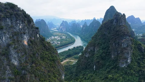 Li River(Li Jiang) and Yangshuo Karst Mountains Aerial View, Guilin, China Stock Footage 324422018
