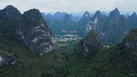 Li River(Li Jiang) and Yangshuo Karst Mountains Aerial View, Guilin, China Stock Footage 324600448