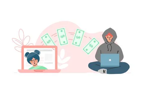 Liar and Internet Fraud with Man Thief at Laptop Steal Money Vector Illustration Stock Illustration