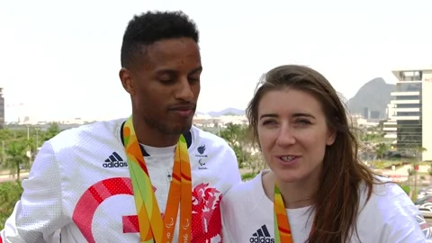 Libby Clegg and Chris Clark on their two gold medals - INT and GVs Vídeo Stock 149154522