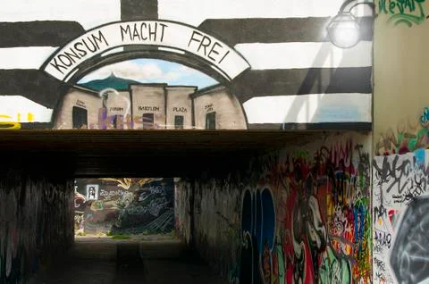 Liberec, Czech Rep. 16th August 2012 Street graffity with reading: Konsum mac Stock Photos