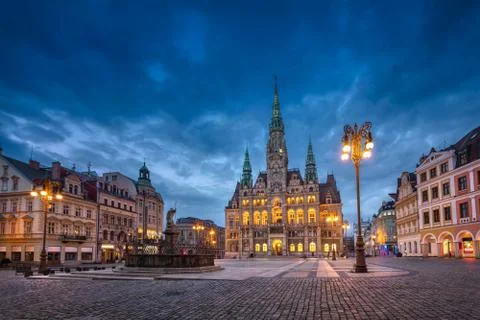 Liberec, Czechia. View of main square with Town Hall at dusk 스톡 사진