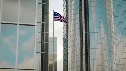 Liberia Flag 3D Render Animation on Pole with City Buildings 스톡 동영상 332308492
