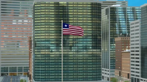 Liberia Flag 3D Render Animation on Pole with Modern Business District Build Video stock 332877631