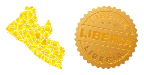 Liberia Map Collage of Gold Elements and Metallic Liberia Seal Stamp Stock Illustration
