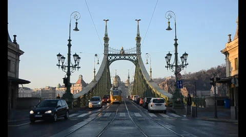 Liberty bridge with trams in Budapest Stock Footage 36645736