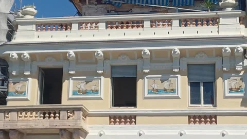 Liberty facade decorations with sailing ships, Viareggio, August 31 2026, Italy Stock Footage 344128192