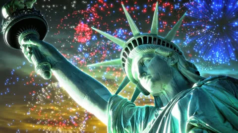 Liberty at Sunset with Fireworks Stock Footage 24462569