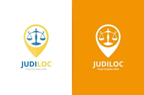 Libra and map pointer logo combination. Unique law and pin logotype design Illustrazione stock