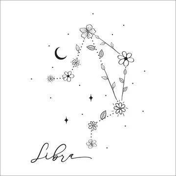 Libra constellation with Hand drawn doodle flowers, leaves, florals, stars Stock Illustration