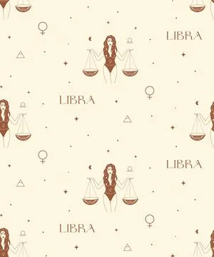 Libra Zodiac Background Seamless Pattern. Brown Astrology Signs Stock Illustration