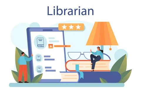 Librarian concept. Library staff cataloguing and sorting books. Stock Illustration