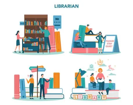 Librarian concept set. Library staff holding and sorting book. Knowledge 스톡 일러스트