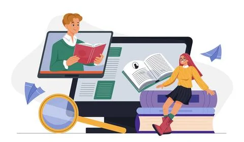 Librarian online concept. Woman with stack of books near computer. Love for Stock Illustration