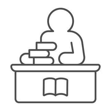 Librarian with stack of books thin line icon, children book day concept, man at Stockillustratie