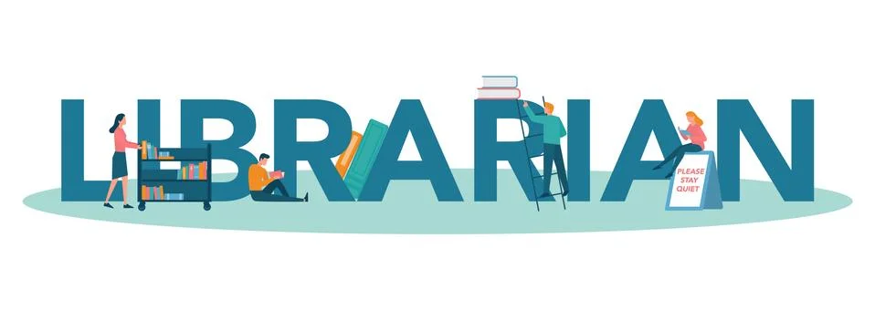 Librarian typographic header concept. Library staff holding and sorting Stock Illustration