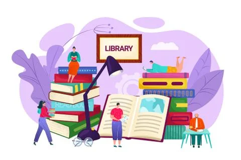 Library and knowledge concept, vector flat illustration. Tiny people sitting on Stock Illustration