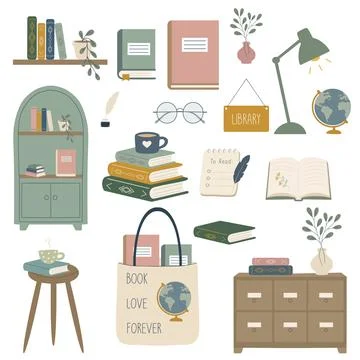 Library and reading essential items flat collection 库存插图