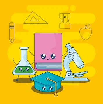 Library book with set supplies school kawaii style Stock Illustration