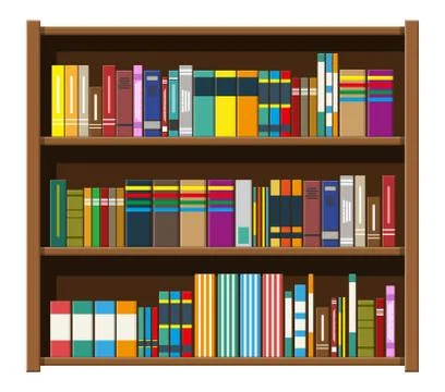 Library book shelf. Bookcase with different books. Stock Illustration