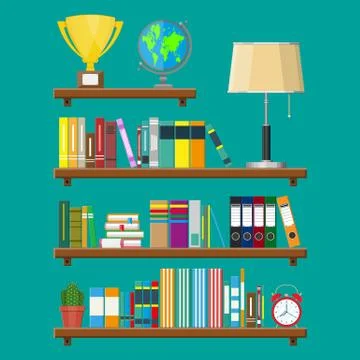 Library book shelf. Bookcase with different books. Stock Illustration
