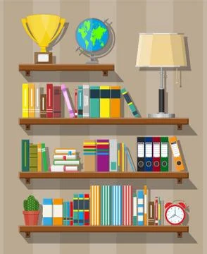 Library book shelf. Bookcase with different books. Stock Illustration