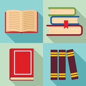 Library books icon set, flat style Stock Illustration