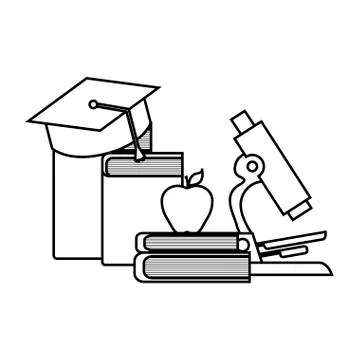 Library books with microscope and hat graduation Stock Illustration