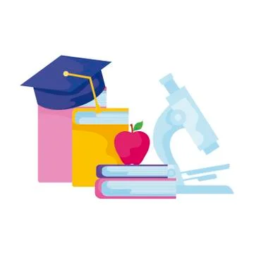 Library books with microscope and hat graduation Illustrazione stock