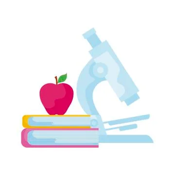 Library books with microscope laboratory and apple fruit Illustrazione stock