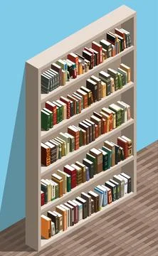 Library bookshelf isometric vector illustration. Books collection on shelve.. Stock Illustration