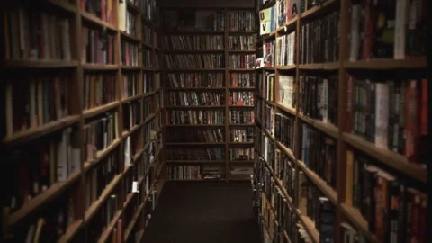 Library Bookshelves Corridor Going Through Books Old Film Effect Tracking Shot Stock Footage 270750357